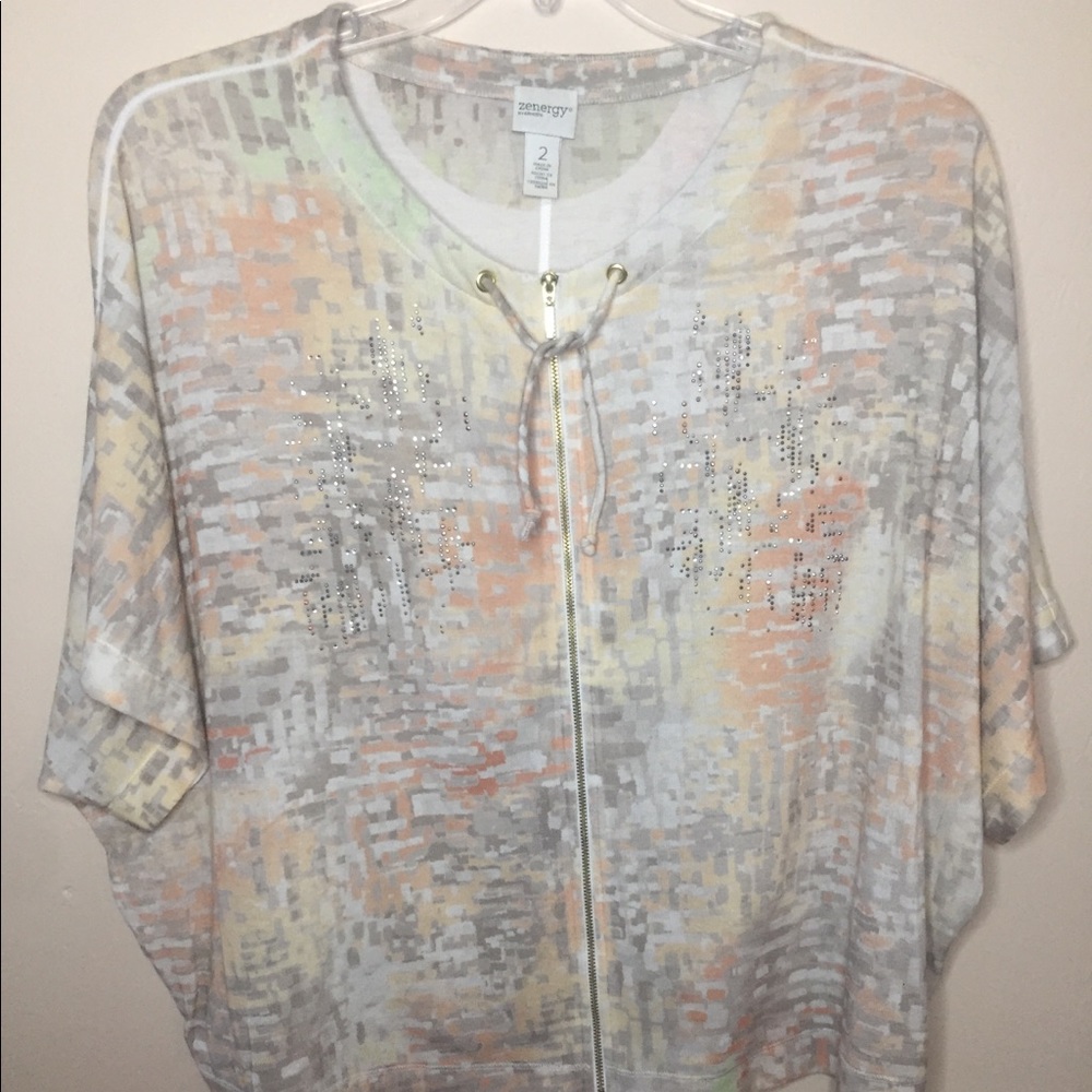 Chico’s Renee Zip Up Short Sleeved Jacket Sz 2 Lrg